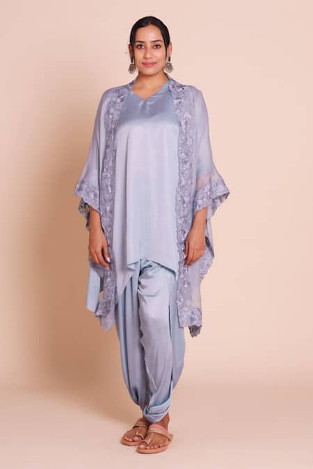 Brij_Gray Modal, Satin Open Neck, Ziya Grey Embroidered Cape Set _Online_at_Aza_Fashions