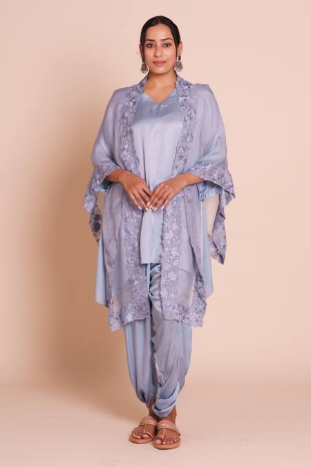 Buy_Brij_Gray Modal, Satin Open Neck, Ziya Grey Embroidered Cape Set _Online_at_Aza_Fashions
