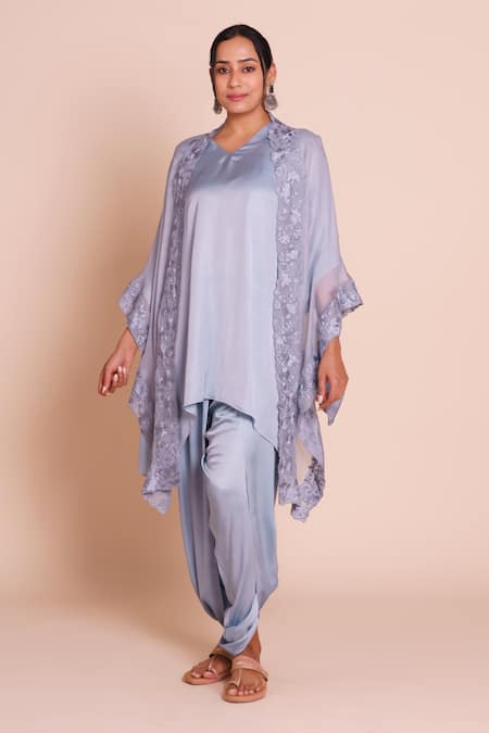 Shop_Brij_Gray Modal, Satin Open Neck, Ziya Grey Embroidered Cape Set _Online_at_Aza_Fashions