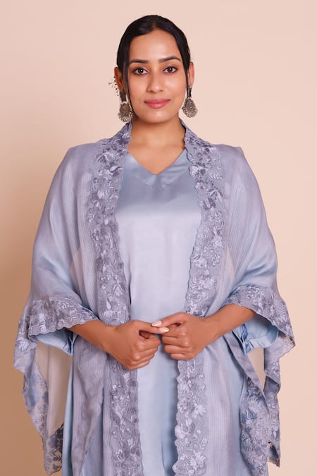 Brij_Gray Modal, Satin Open Neck, Ziya Grey Embroidered Cape Set _at_Aza_Fashions