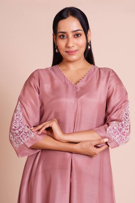 Shop_Brij_Lavender Muslin, Silk Embroidery V-neck Amaira Kurta Set 