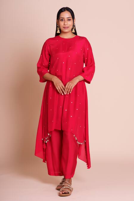 Brij_Red Muslin, Silk Gota Patti Round Neck Sindoori Embroidered Kurta Set _Online_at_Aza_Fashions