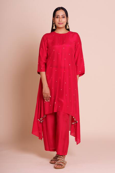 Buy_Brij_Red Muslin, Silk Gota Patti Round Neck Sindoori Embroidered Kurta Set _Online_at_Aza_Fashions