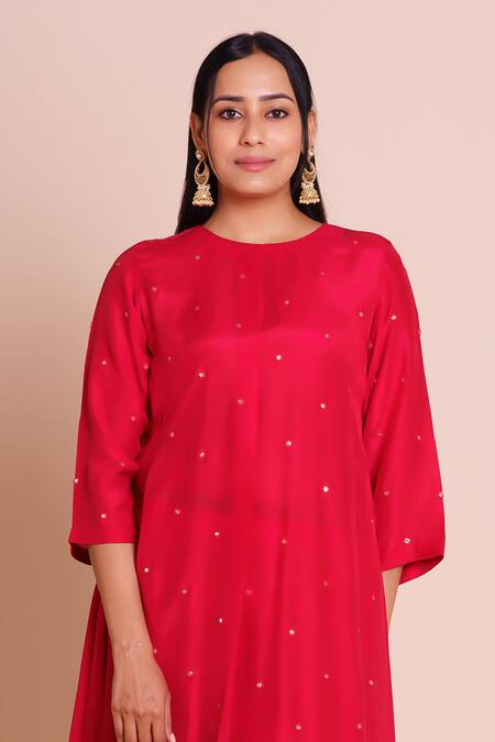 Shop_Brij_Red Muslin, Silk Gota Patti Round Neck Sindoori Embroidered Kurta Set _Online_at_Aza_Fashions