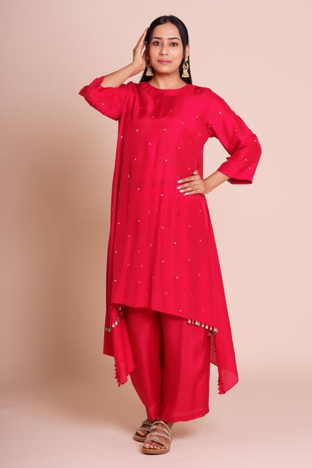 Brij_Red Muslin, Silk Gota Patti Round Neck Sindoori Embroidered Kurta Set _at_Aza_Fashions