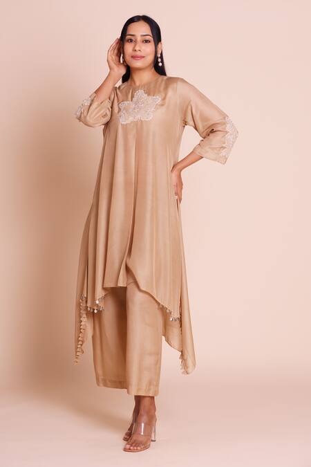Brij_Beige Muslin, Silk Embroidery Round Neck Heer Kurta Set _Online_at_Aza_Fashions