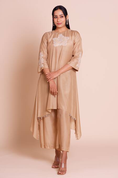 Shop_Brij_Beige Muslin, Silk Embroidery Round Neck Heer Kurta Set _Online_at_Aza_Fashions
