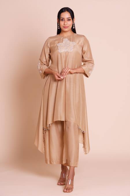Brij_Beige Muslin, Silk Embroidery Round Neck Heer Kurta Set _at_Aza_Fashions