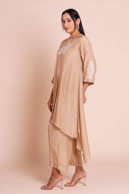 Buy_Brij_Beige Muslin, Silk Embroidery Round Neck Heer Kurta Set 