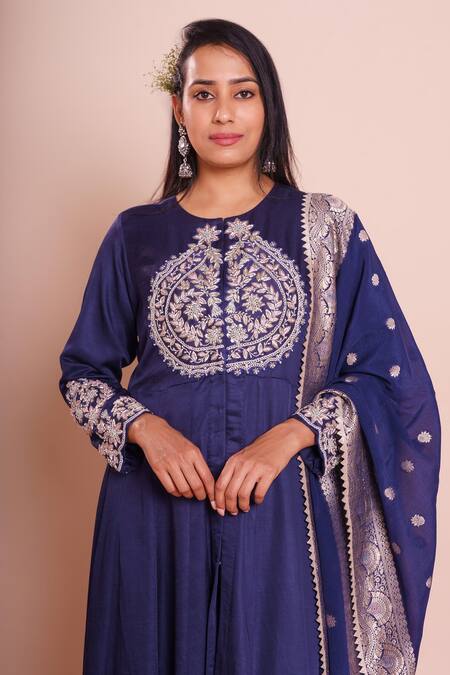 Brij_Navy Linen, Satin, Silk Embroidery, Zari Round Araadhya Indigo Blue Anarkali Set _Online_at_Aza_Fashions