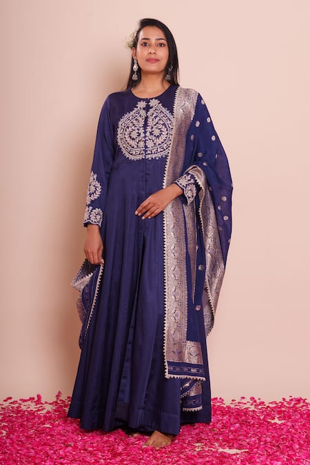 Buy_Brij_Navy Linen, Satin, Silk Embroidery, Zari Round Araadhya Indigo Blue Anarkali Set _Online_at_Aza_Fashions