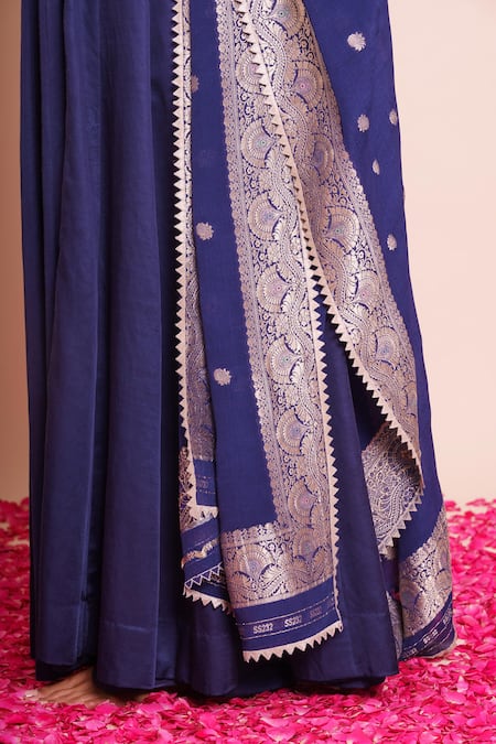 Shop_Brij_Navy Linen, Satin, Silk Embroidery, Zari Round Araadhya Indigo Blue Anarkali Set _Online_at_Aza_Fashions