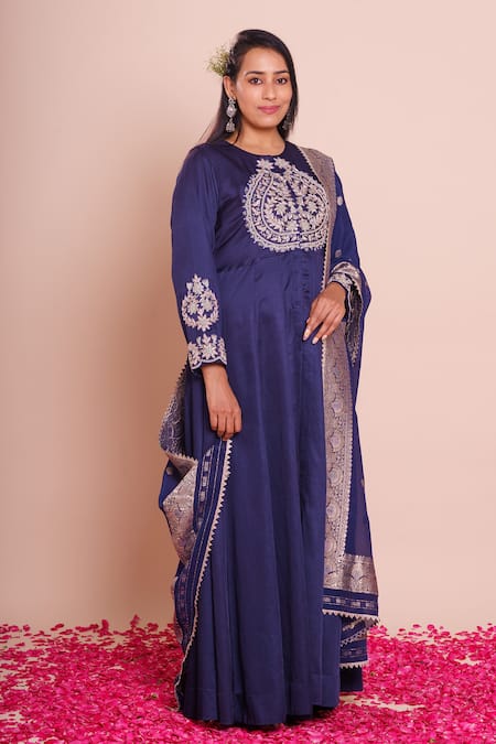 Brij_Navy Linen, Satin, Silk Embroidery, Zari Round Araadhya Indigo Blue Anarkali Set _at_Aza_Fashions