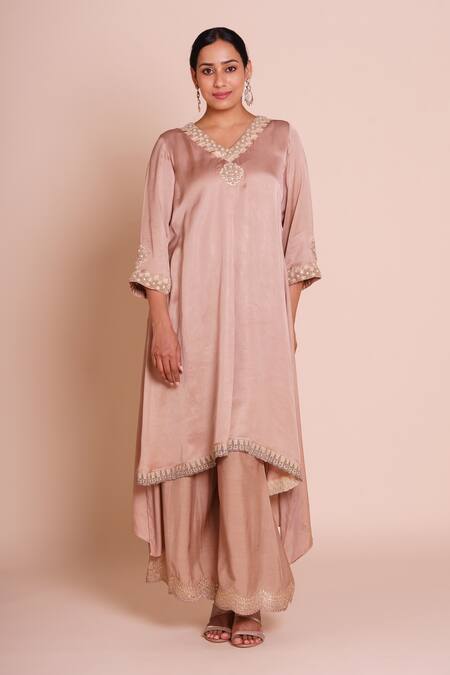 Buy_Brij_Beige Modal, Satin, Silk Embroidery, Mirrors V-neck Amaaya Kurta Set _Online_at_Aza_Fashions