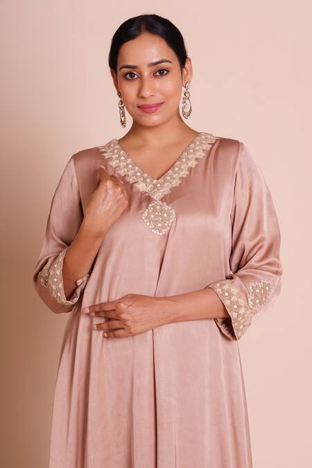 Shop_Brij_Beige Modal, Satin, Silk Embroidery, Mirrors V-neck Amaaya Kurta Set _Online_at_Aza_Fashions