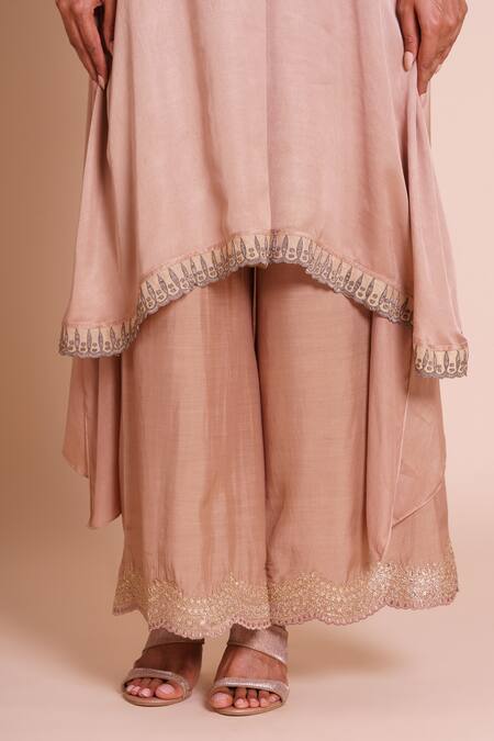 Brij_Beige Modal, Satin, Silk Embroidery, Mirrors V-neck Amaaya Kurta Set _at_Aza_Fashions