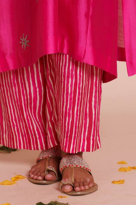 Brij_Pink Chanderi Silk, Muslin Zari, Embroidery Keyhole Neck Riva Rani Kurta Set _at_Aza_Fashions