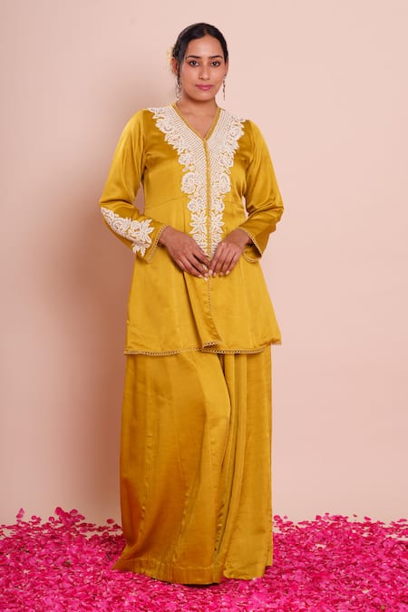 Brij Ishya Mustard Embroidered Peplum Kurta Set 