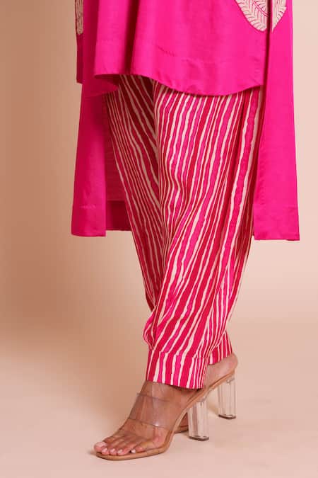 Shop_Brij_Fuchsia Linen, Satin, Silk Embroidery Round Neck Reha Rani Pink Kurta Set _Online_at_Aza_Fashions