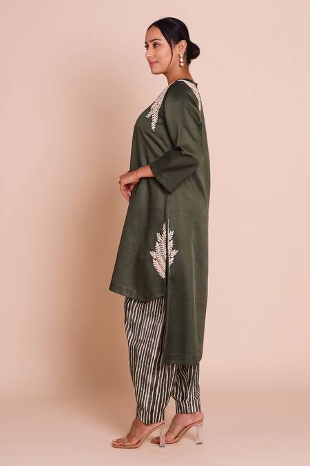 Brij_Green Linen, Satin, Silk Embroidery Round Neck Amaira Bottle Kurta Set _Online_at_Aza_Fashions