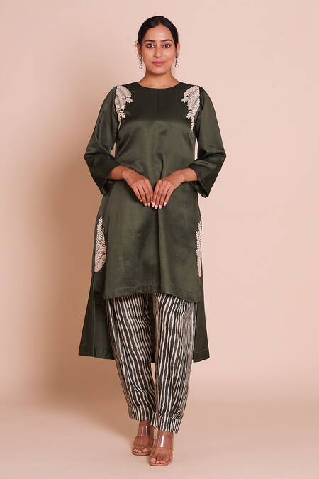 Shop_Brij_Green Linen, Satin, Silk Embroidery Round Neck Amaira Bottle Kurta Set _Online_at_Aza_Fashions