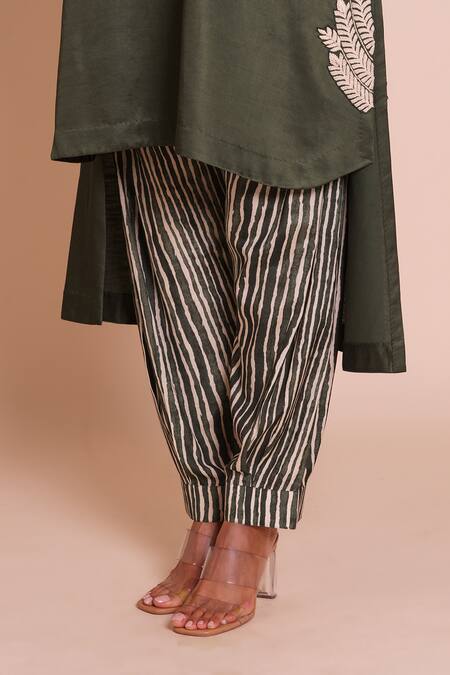 Brij_Green Linen, Satin, Silk Embroidery Round Neck Amaira Bottle Kurta Set _at_Aza_Fashions