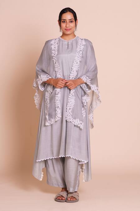 Brij_Gray Muslin, Silk Open , Round Meera Grey Embroidered Cape Set _Online_at_Aza_Fashions