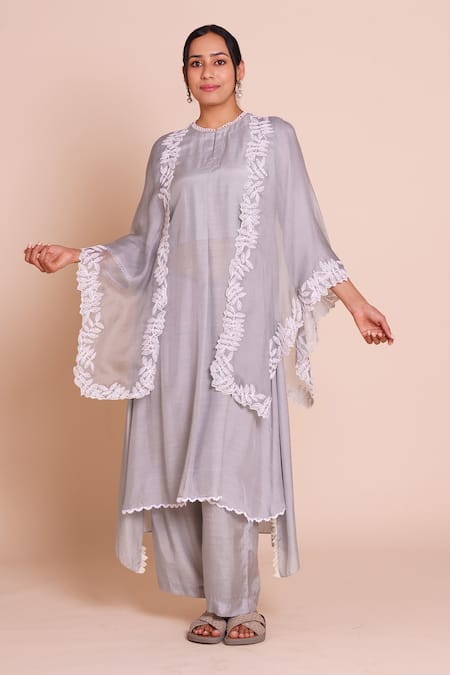Brij Meera Grey Embroidered Cape Set 