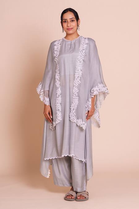 Shop_Brij_Gray Muslin, Silk Open , Round Meera Grey Embroidered Cape Set _Online_at_Aza_Fashions