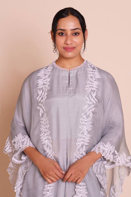 Brij_Gray Muslin, Silk Open , Round Meera Grey Embroidered Cape Set _at_Aza_Fashions