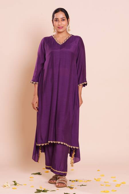 Brij_Purple Muslin, Silk Embroidery, Zari V-neck Nysa Kurta Set _Online_at_Aza_Fashions