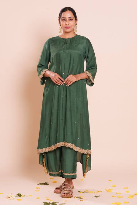 Brij_Green Muslin, Silk Embroidery, Mirrors Round Neck Devina Bottle Kurta Set _Online_at_Aza_Fashions