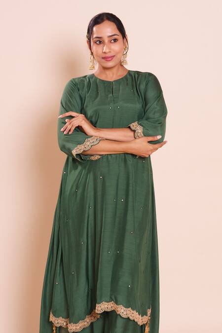 Buy_Brij_Green Muslin, Silk Embroidery, Mirrors Round Neck Devina Bottle Kurta Set _Online_at_Aza_Fashions