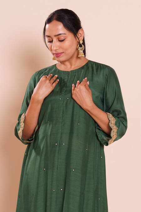 Shop_Brij_Green Muslin, Silk Embroidery, Mirrors Round Neck Devina Bottle Kurta Set _Online_at_Aza_Fashions