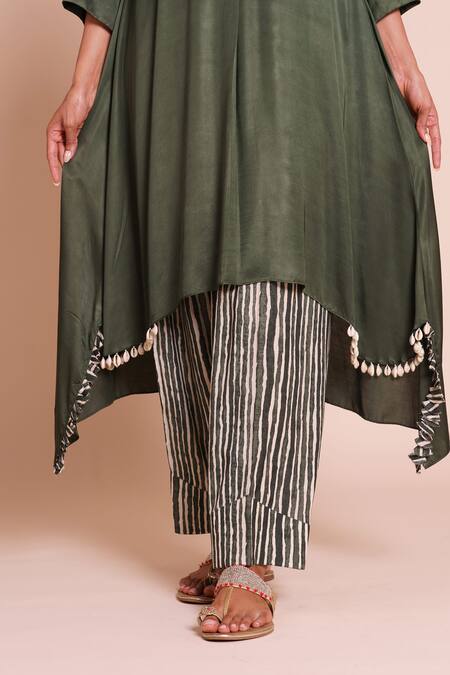 Brij_Green Modal, Satin, Silk Embroidery V-neck Kavya Bottle Kurta Set _Online_at_Aza_Fashions