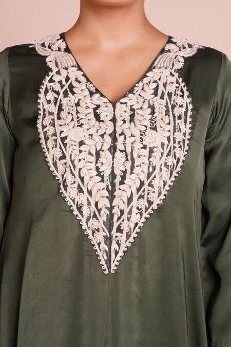 Shop_Brij_Green Modal, Satin, Silk Embroidery V-neck Kavya Bottle Kurta Set _Online_at_Aza_Fashions