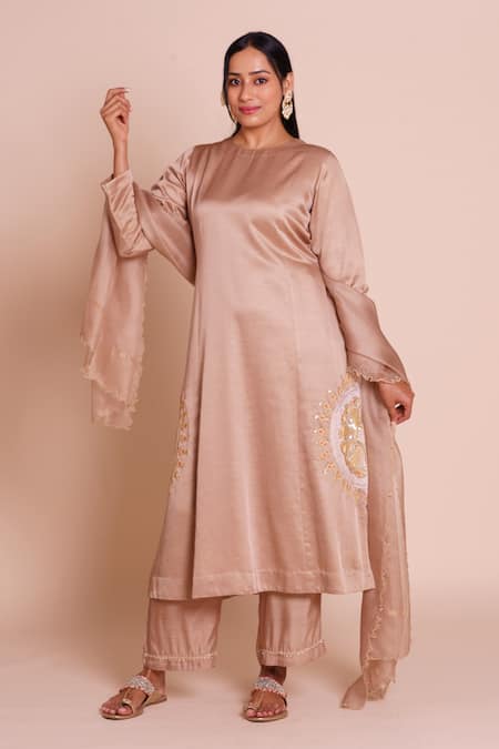 Brij_Beige Linen, Satin, Silk Embroidery Round Neck Ruhani Kurta Set _Online_at_Aza_Fashions