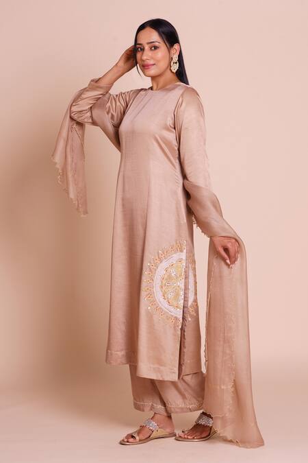 Buy_Brij_Beige Linen, Satin, Silk Embroidery Round Neck Ruhani Kurta Set _Online_at_Aza_Fashions