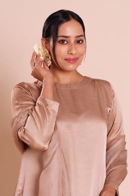 Shop_Brij_Beige Linen, Satin, Silk Embroidery Round Neck Ruhani Kurta Set _Online_at_Aza_Fashions
