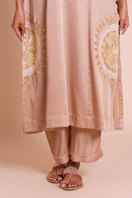 Brij_Beige Linen, Satin, Silk Embroidery Round Neck Ruhani Kurta Set _at_Aza_Fashions