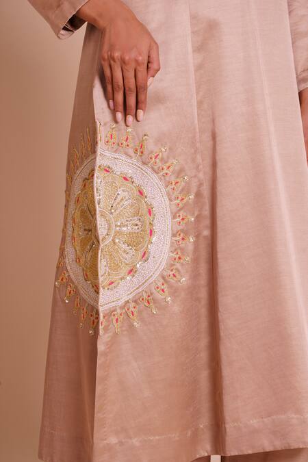 Buy_Brij_Beige Linen, Satin, Silk Embroidery Round Neck Ruhani Kurta Set 