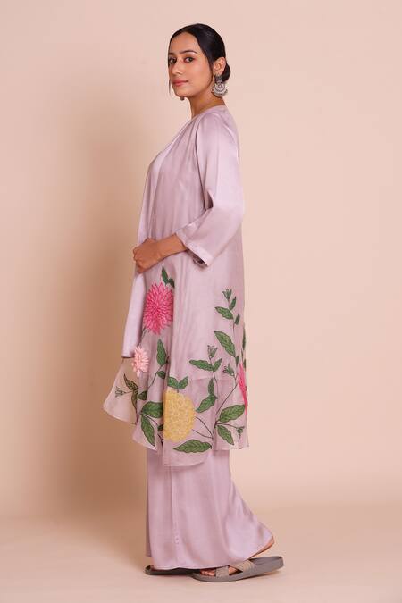 Brij_Purple Silk, Modal, Satin Applique, Embroidery Open Pihu Lavender Jacket Set _Online_at_Aza_Fashions