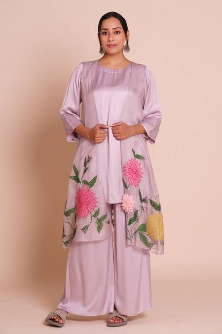 Buy_Brij_Purple Silk, Modal, Satin Applique, Embroidery Open Pihu Lavender Jacket Set _Online_at_Aza_Fashions