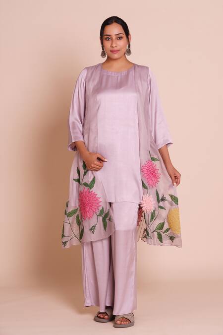 Shop_Brij_Purple Silk, Modal, Satin Applique, Embroidery Open Pihu Lavender Jacket Set _Online_at_Aza_Fashions