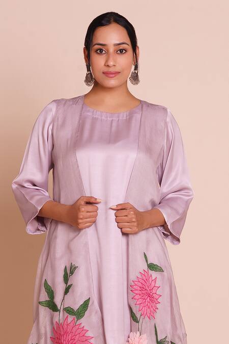 Brij_Purple Silk, Modal, Satin Applique, Embroidery Open Pihu Lavender Jacket Set _at_Aza_Fashions