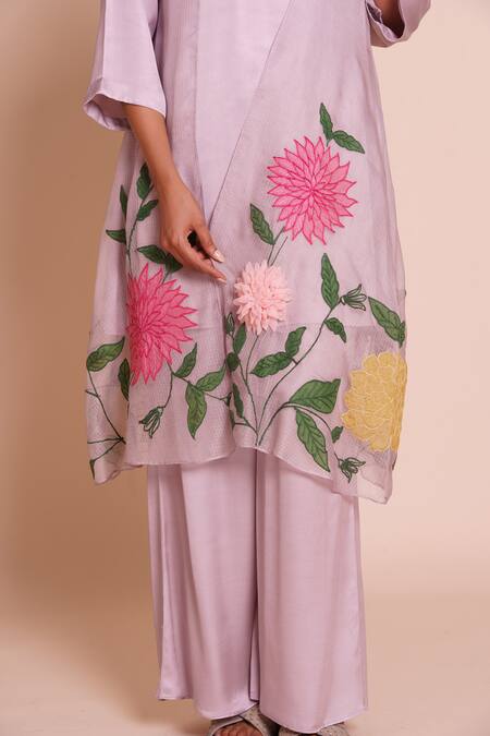 Shop_Brij_Purple Silk, Modal, Satin Applique, Embroidery Open Pihu Lavender Jacket Set 