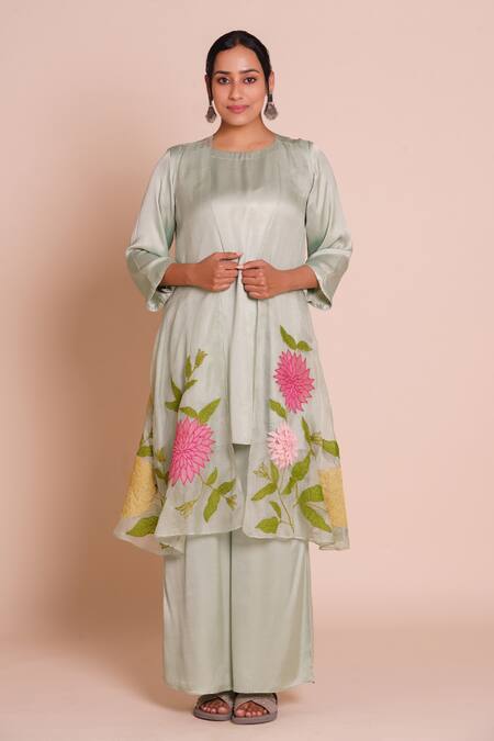 Buy_Brij_Green Modal, Satin Applique, Embroidery Open Neck, Aria Pastel Jacket Set _Online_at_Aza_Fashions