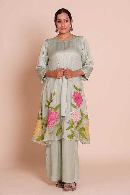 Shop_Brij_Green Modal, Satin Applique, Embroidery Open Neck, Aria Pastel Jacket Set _Online_at_Aza_Fashions