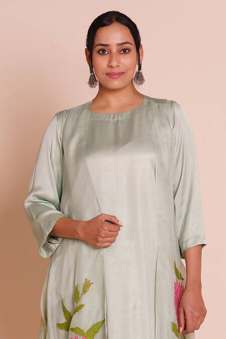 Brij_Green Modal, Satin Applique, Embroidery Open Neck, Aria Pastel Jacket Set _at_Aza_Fashions