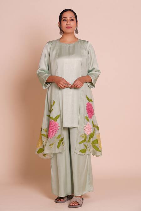 Buy_Brij_Green Modal, Satin Applique, Embroidery Open Neck, Aria Pastel Jacket Set 